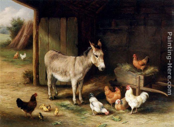 Edgar Hunt Donkey, Hens and Chickens in a Barn